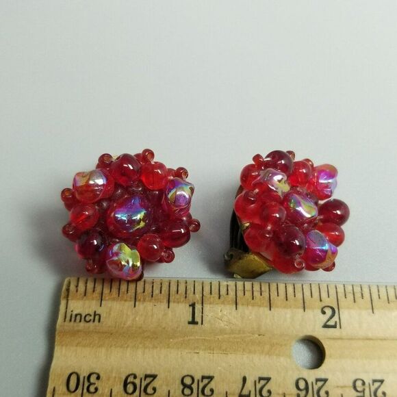 Vintage Retro Red Glass Beaded Cluster Clip On Earrings, Made in West Germany - Picture 5 of 7